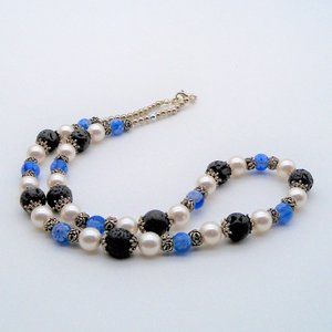 Black Lava Rock, Faux Pearls & Blue Glass Bead Necklace